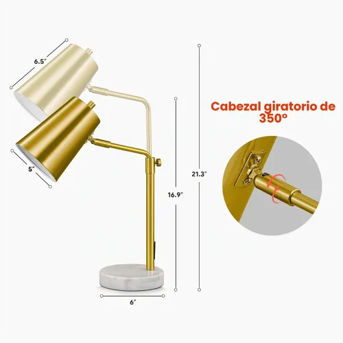 Vista 5 de VONLUCE Lámpara de escritorio dorada con bombilla LED ajustable, lámpara