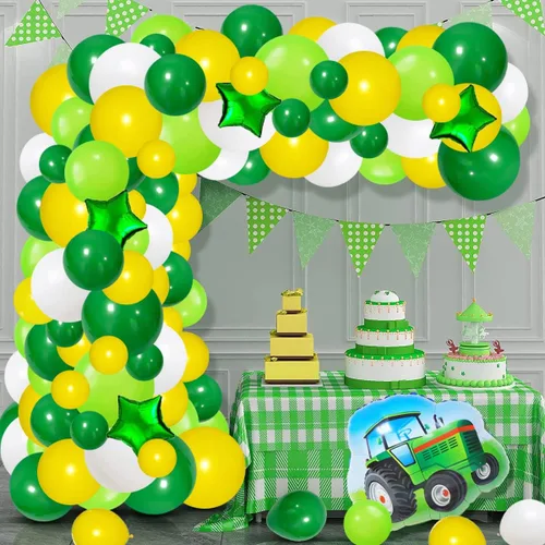 Vista 6 de Kit de guirnalda de globos de color verde oscuro, amarillo y blanco, 117 globos de tractor verde lima, amarillo y blanco, fiesta de cumpleaños