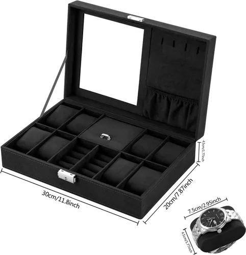 Vista 7 de Oyydecor Joyero organizador de caja de reloj con 8 ranuras para almacenamiento de relojes, estuche organizador de joyas con espejo (negro)