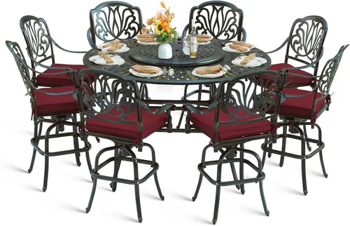Vista 12 de Juego de barra para exteriores de 10 piezas, muebles de bar de aluminio fundido para todo tipo de clima con 8 taburetes de bar giratorios Bronce
