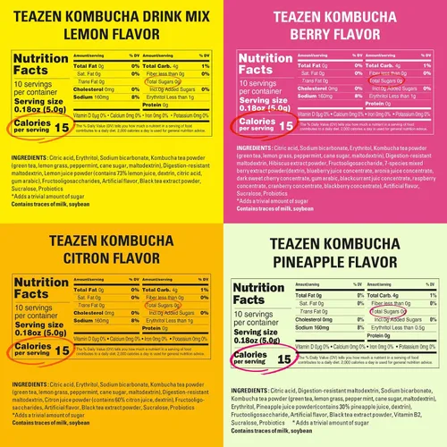 Vista 2 de TEAZEN Paquete variado de 4 sabores y 40 palitos, limón kombucha, melocotón, bayas (30 unidades) y sabor picante a jengibre y limón (10 unidades)