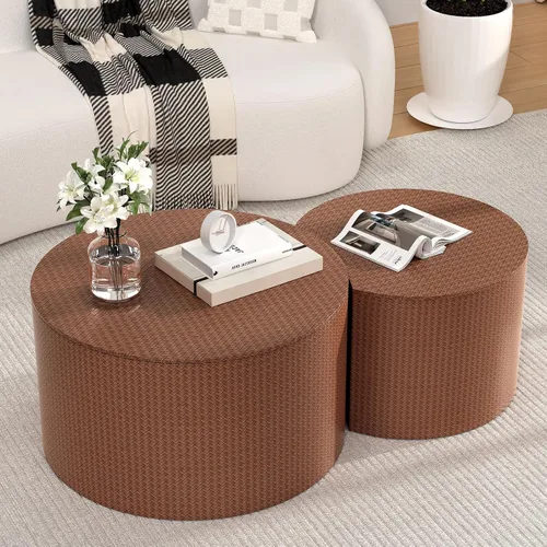 Vista 13 de Juego de 2 mesas auxiliares redondas de travertino de 18 pulgadas (travertino) for Living Room, Travertine Side End Table, Nested Design, Mid
