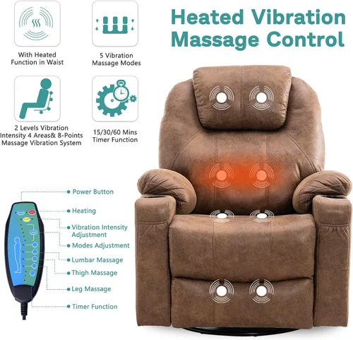 Vista 5 de MEETWARM Silla reclinable giratoria de masaje ergonómica con calor, silla reclinable mecedora manual mecedora giratoria de 360° con 4