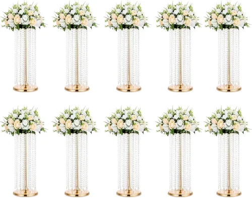Vista 11 de Nuptio 2 centros de mesa de cristal dorado de 23.6 pulgadas de alto, jarrones de flores para decoración de mesas de fiesta