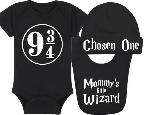 Vista 11 de Sombrero de bebé Wizard - Chosen One (tela negra - diseño dorado)
