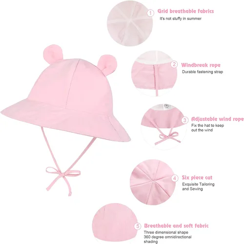 Vista 5 de Zando Sombrero de sol para bebé recién nacido UPF 50+ ala ancha para niños y niñas, sombreros ajustables de verano para playa de 0 a 4 años