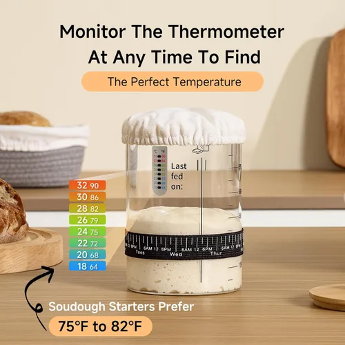 Vista 3 de HomeFeel Tarro Premium para Masa Madre - Tarro de Vidrio Grande de 34 Oz con Tapa de Bambú, Cubierta de Tela, Rastreador de Fechas, Termómetro