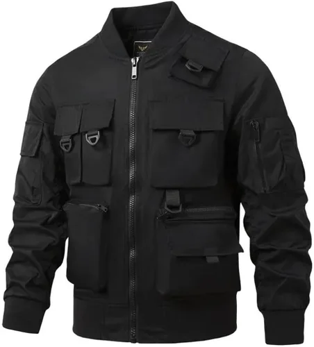 Vista 4 de Men Bomber Multiple Pockets Tooling Good Quality Outerwear Fit Aviator Jackets Coats Black