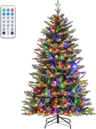 Vista 19 de HAPPYGRILL - Árbol de Navidad artificial preiluminado de 2.1 m, árbol de Navidad con nieve flocada y 320 luces LED multicolor, 8 modos de Snow Pe