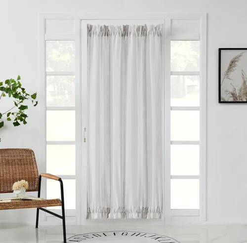 Vista 21 de Central Park Cortinas Transparentes de Rayas Beige y Blancas Estilo Granja de Lino Bouclé, Pares de Paneles de Cortina de Ventana Tejidos con Hilo