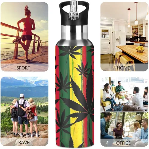 Vista 5 de BPA-Free Sports Water Bottle with Straw 20 Oz, Stainless Steel Water Bottle for Gym Outdoor Travel School, Black Leaves Colorful Stripes