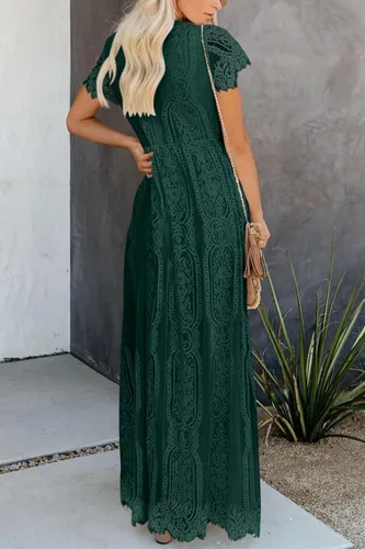Vista 4 de PRETTYGARDEN - Vestido largo de encaje floral para mujer, manga corta, cuello en V, vestidos de fiesta para boda y para la noche