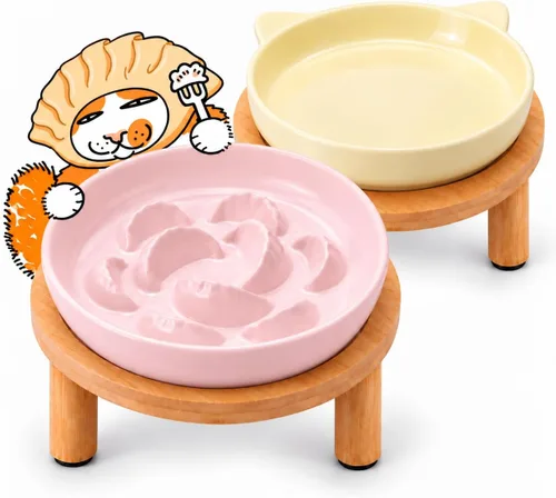 Vista 19 de Cuencos elevados de cerámica para gatos con soporte de bambú, platos elevados de comida para mascotas para gatos y perros pequeños, comedero