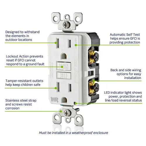 Vista 5 de Leviton SmartlockPro receptáculo resistente al clima, comprobación automática, con guía de luz e indicador LED, GFWT1-E Negro