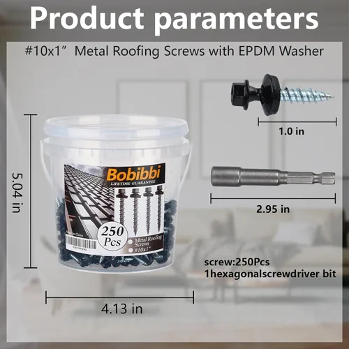 Vista 3 de Tornillos para techos de metal de 10 x 1 pulgada, tornillo para techo de chapa metálica con cabeza hexagonal negra y arandela EPDM para techos