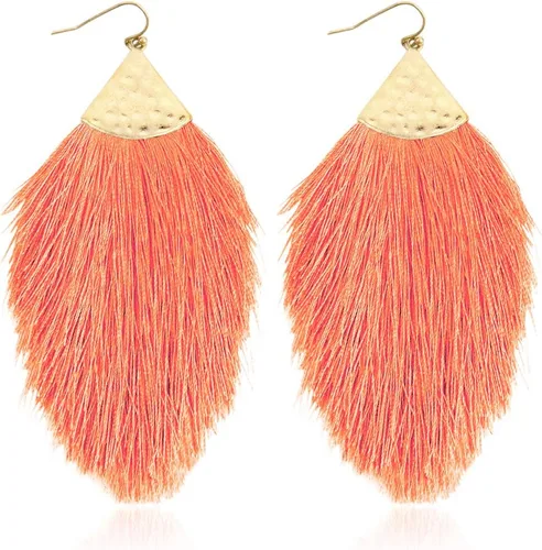 Vista 19 de Aretes bohemios de hilo sedoso con flecos y borlas – Ligeros, colgantes, con hebras y forma de pluma Fleco de plumas - Azul Aqua