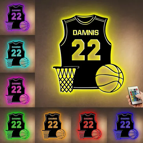 Vista 12 de Letrero de metal de jersey deportivo personalizado con luz LED, nombre y número personalizado, letrero de neón con nombre personalizado, decoración