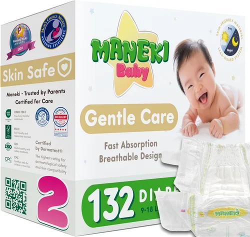 Vista 16 de MANEKI - Pañales para bebé, talla 2 (9-18 libras), 66 unidades, hipoalergénicos, sin fragancia y transpirables, protección contra fugas de hasta 12