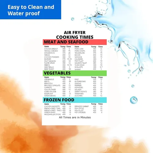 Vista 4 de Freidora de aire Imán Tiempos de cocción 6x9 Tabla de conversión de cocina - Carne Mariscos Verduras Alimentos congelados - Guía de cocción con imán