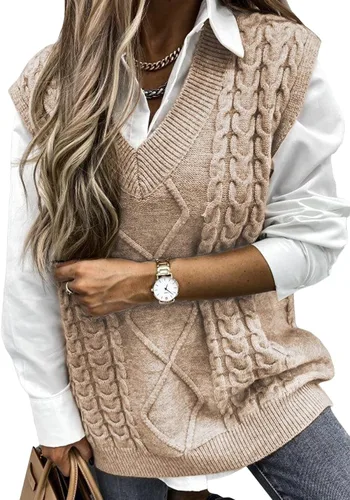 Vista 14 de EVALESS Chaleco Suéter de Gran Tamaño para Mujeres Cuello en V Sin Mangas Color Sólido Suéter Pullover Suelto 1 caqui.