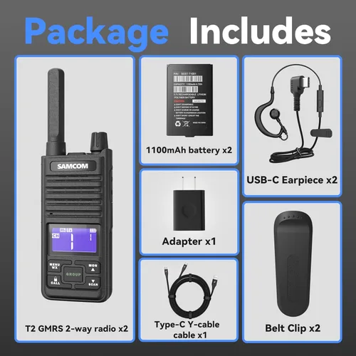 Vista 8 de SAMCOM Radio T2 GMRS de 2 W de largo alcance Walkie Talkie NOAA recargable para el clima, radio bidireccional resistente, radios de llamadas