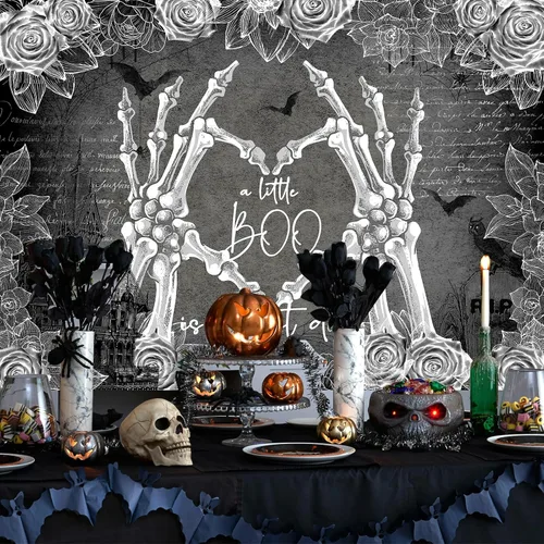 Vista 2 de Avezano Telón de fondo de Halloween para baby shower con texto en inglés "A Little Boo is Almost Due Baby Shower, decoración de fiesta de baby