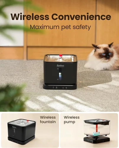 Vista 2 de Fuente de agua inalámbrica para gatos, bandeja de acero inoxidable de 3 L/100 onzas, fuentes para beber para gatos, fuentes de agua para mascotas