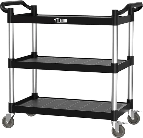Vista 17 de TUFFIOM Carrito de servicio de plástico de 3 niveles con ruedas, resistente capacidad de 390 libras, rodante comercial, ideal para restaurantes