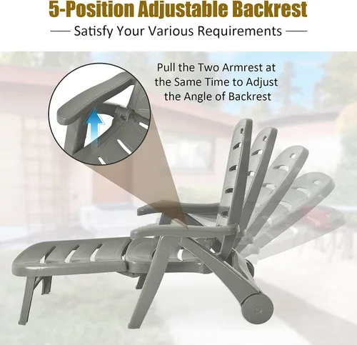 Vista 5 de Tangkula Tumbona para exteriores, silla reclinable ajustable de 5 posiciones con ruedas integradas, resistente a la intemperie, plegable, para Gris