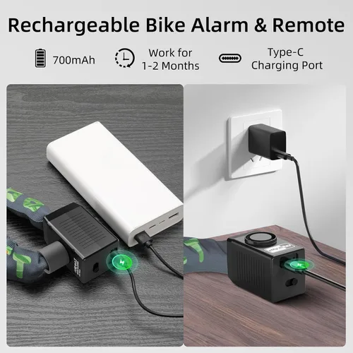 Vista 3 de Candado de cadena para bicicleta con alarma E Scooter Lock alarma antirrobo 110dB 4ft seguridad resistente con cable USB C y 3 llaves para Verde