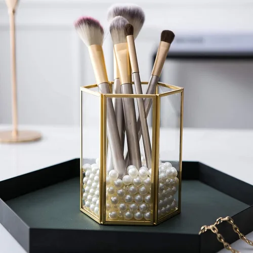 Vista 8 de ARTIBETTER Soporte para brochas de maquillaje de cristal, organizador de cosméticos de acrílico para almacenamiento de tocador, organizador