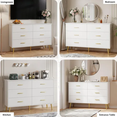 Vista 6 de Cómoda blanca para dormitorio, cómoda de 46.5 pulgadas para armario dorado (Metal Golden)