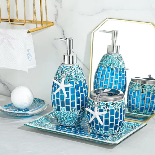 Vista 3 de Joeyan Juego de accesorios de baño de vidrio azul hecho a mano, juego de baño decorativo de mosaico, incluye dispensador de jabón, soporte