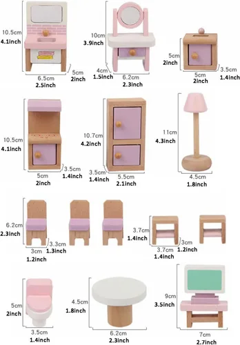Vista 5 de Juego de 22 piezas de muebles de casa de muñecas de madera - Baño, cocina, dormitorio, sala de estar, juego de 4