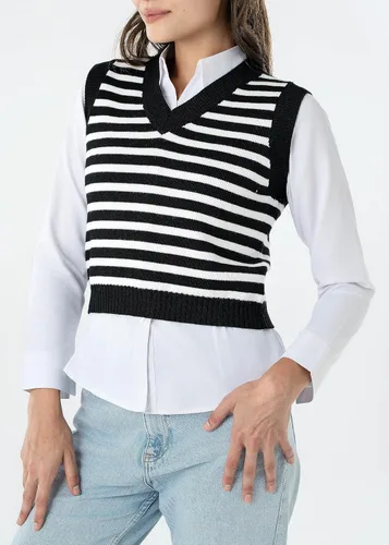 Vista 3 de Chaleco de suéter para mujer, a rayas, con cuello en V, sin mangas, recortado, estilo preppy, chaleco de punto