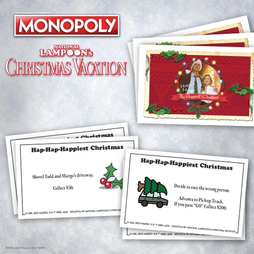 Vista 9 de Monopoly Vacaciones de Navidad de National Lampoons, con fichas temáticas de ardilla, taza de ponche de huevo, motosierra y más, 2-6 jugadores