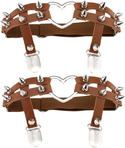 Vista 13 de Ligueros con corazón, de cuero, sexy para mujeres, punk rock, remaches, para pierna, 2 unidades Negro