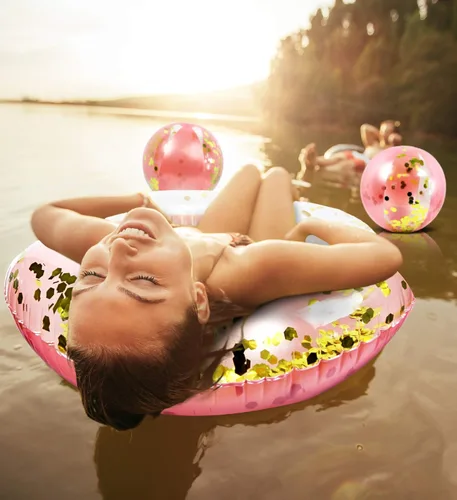 Vista 4 de Mozlly Paquete de pelotas de playa inflables de oro rosa y tubo de flotador de piscina, flotador de piscina y bola de playa con purpurina