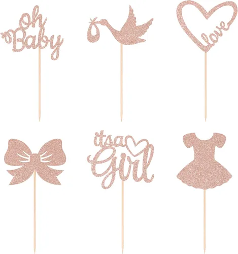 Vista 3 de Gexolenu 24 piezas Oh Baby Rose Gold de doble cara para cupcakes It's a Girl Cupcake Picks Heart Love Baby Shower Cake Decoraciones para niñas