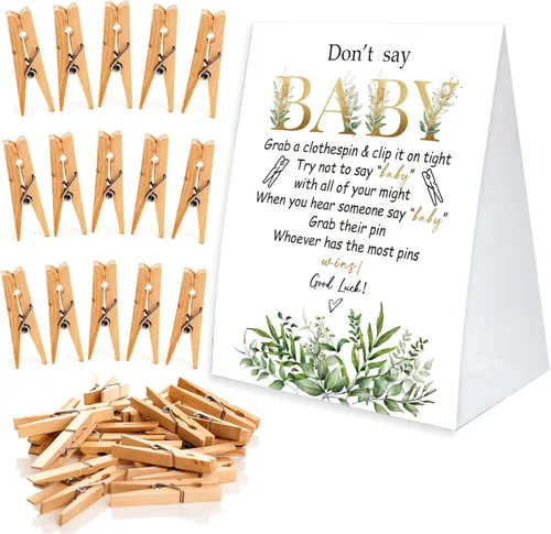 Vista 13 de Juego de pinzas para la ropa de baby shower, un cartel de papel recubierto de 5 x 7 pulgadas y 50 pinzas naturales para la ropa, baby shower