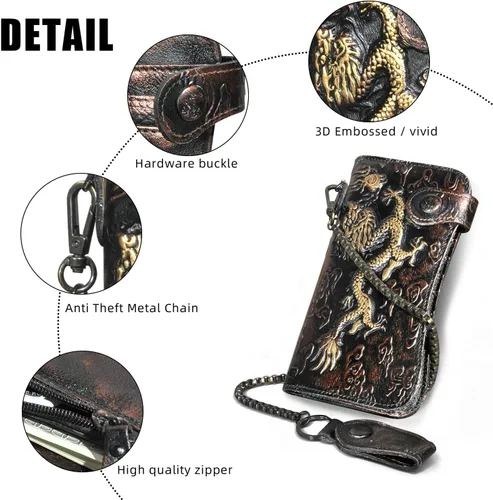 Vista 6 de Handadsume Genuino caballo loco cuero viaje regalo moneda bolsillo tarjeta caso largo organizador cadena Rfid monedero con broche para hombres