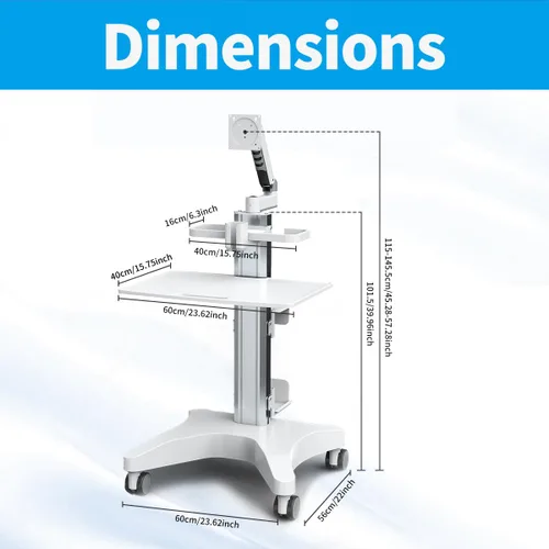 Vista 2 de Carrito Médico con Soporte para Monitor y Soporte para Escáner Oral – Estación de Trabajo Móvil con Altura Ajustable para Clínicas Dentales