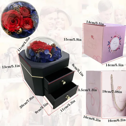 Vista 5 de QREIHLPY Joyero de flores preservadas, caja organizadora de joyas con doble cajón con patas de goma antideslizantes suaves, regalos para mujeres