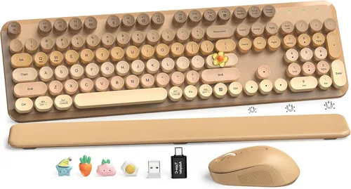 Vista 25 de Combo de teclado y mouse inalámbricos, teclado retro con teclas redondas, teclado estilo máquina de escribir de tamaño completo con reposamuñecas