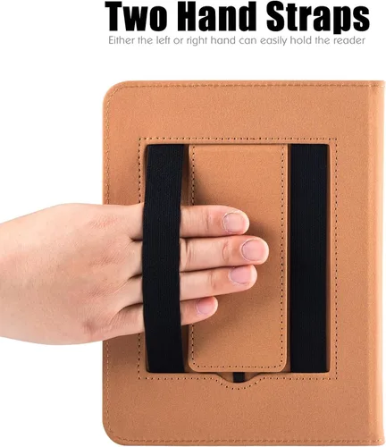 Vista 3 de Funda para Nook GlowLight 4 Plus de 7.8 pulgadas (2023) Soporte plegable integrado y correa de mano Estilo libro Funda de piel sintética Marrón