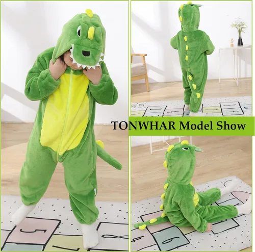 Vista 3 de TONWHAR - Disfraz para niños y bebés, disfraz de dinosaurio, tigre, animal, atuendo de fantasía, mameluco con capucha Dinosaurio verde