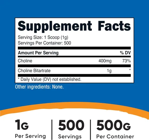 Vista 2 de Nutricost Polvo de bitartrato de colina pura 17.64 oz