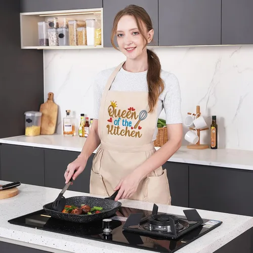 Vista 7 de Fairy's Gift Divertidos delantales de cocina para mujer con bolsillos, bonitos delantales bordados para hornear, reina de la cocina, Navidad