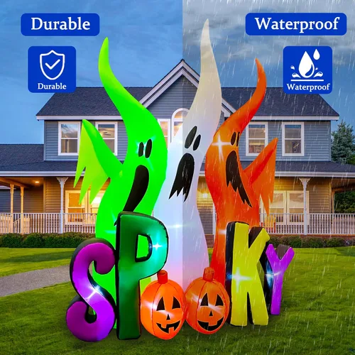 Vista 5 de SEASONBLOW Familia de fantasmas inflables de Halloween de 8 pies con calabaza espeluznante iluminada por LED, decoración inflable para césped