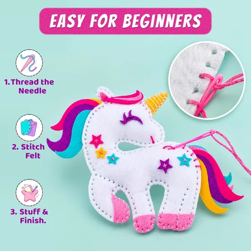 Vista 4 de Kit de Costura de Unicornio Mágico para Niñas de 7+ - Crea 5 Adorables Animales de Fieltro y una Almohada Acogedora - Manualidades DIY Divertidas